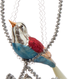Bird and Bells in Tinsel Hoop Glass Ornament, Silver and Gold