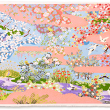 Full-Panel Chiyogami Silk Screen Print, Pink Peacock