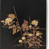 Gold Foil Japanese Lacquer Greeting Card, Flycatcher and Chrysanthemums